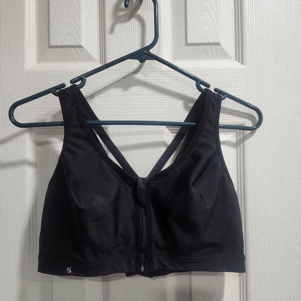 Glamorise Sport Bra 36D Black Front Zip High Support Crisscross Back Activewear